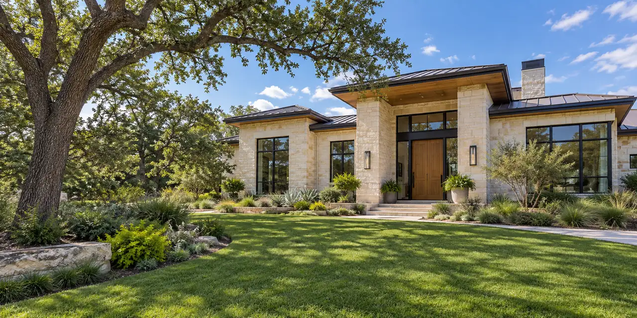 Sunny modern Hill Country home with limestone, warm wood and native landscaping